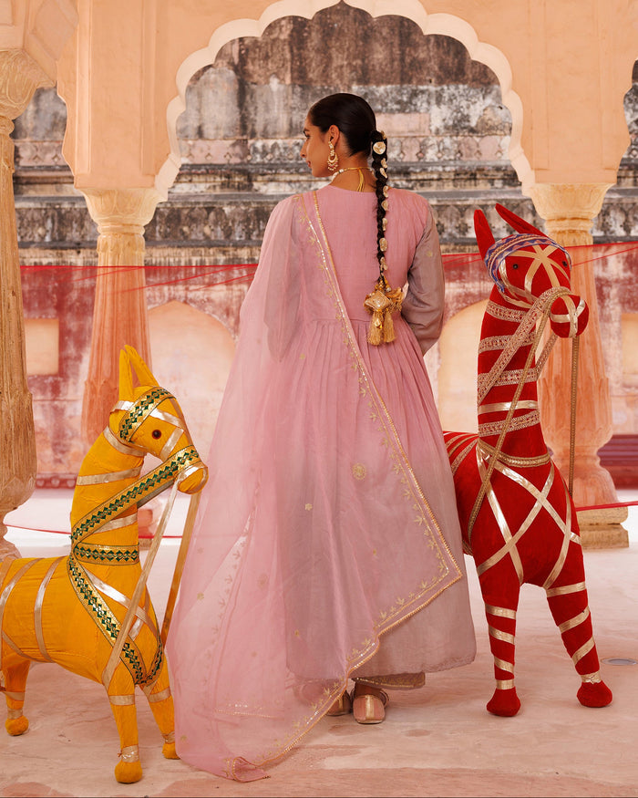 Dusty Rose Chanderi Anarkali With Golden Vine Work