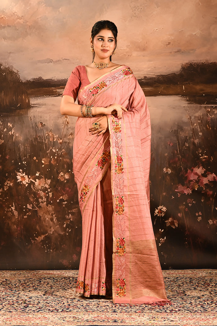 Dusty Rose Dotted Weave With Floral Leaf Border Designer Saree