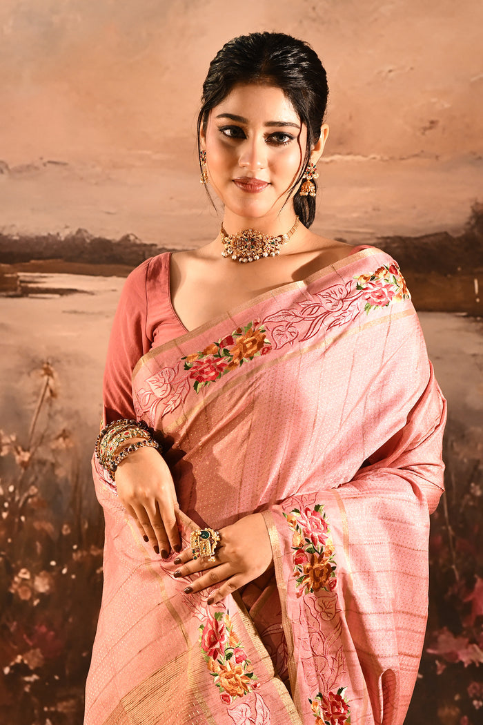 Dusty Rose Dotted Weave With Floral Leaf Border Designer Saree