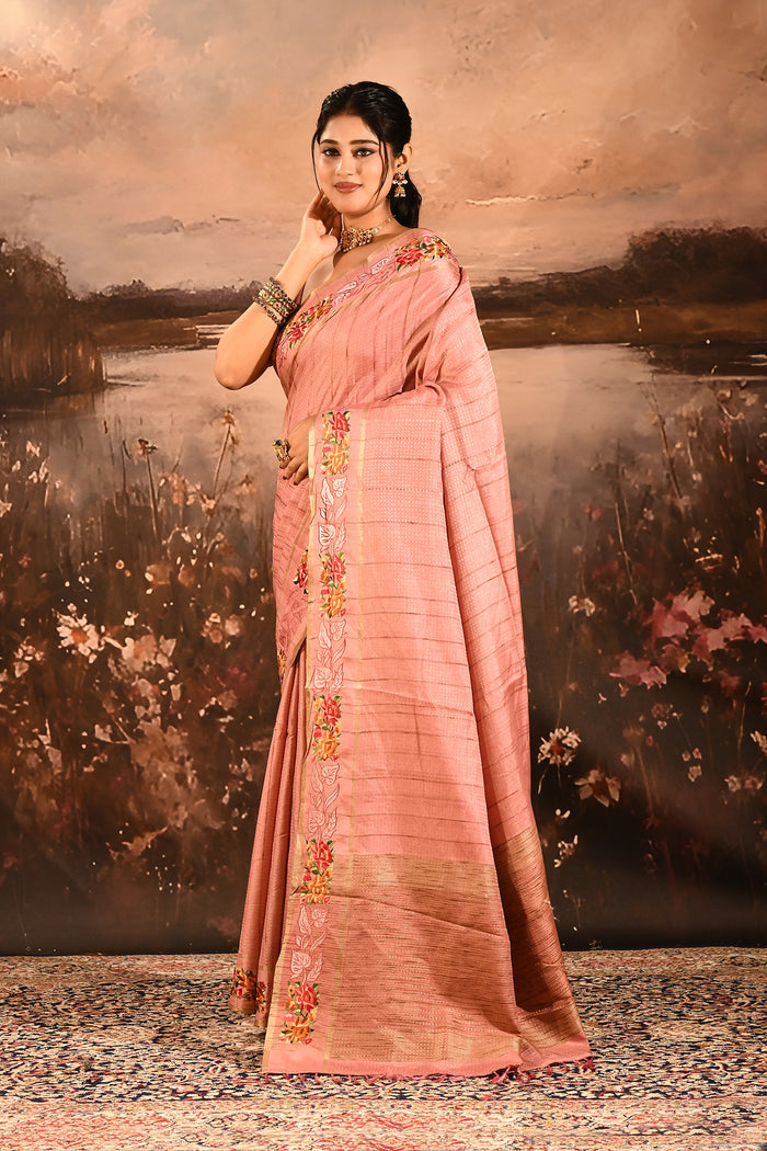 Dusty Rose Dotted Weave With Floral Leaf Border Designer Saree