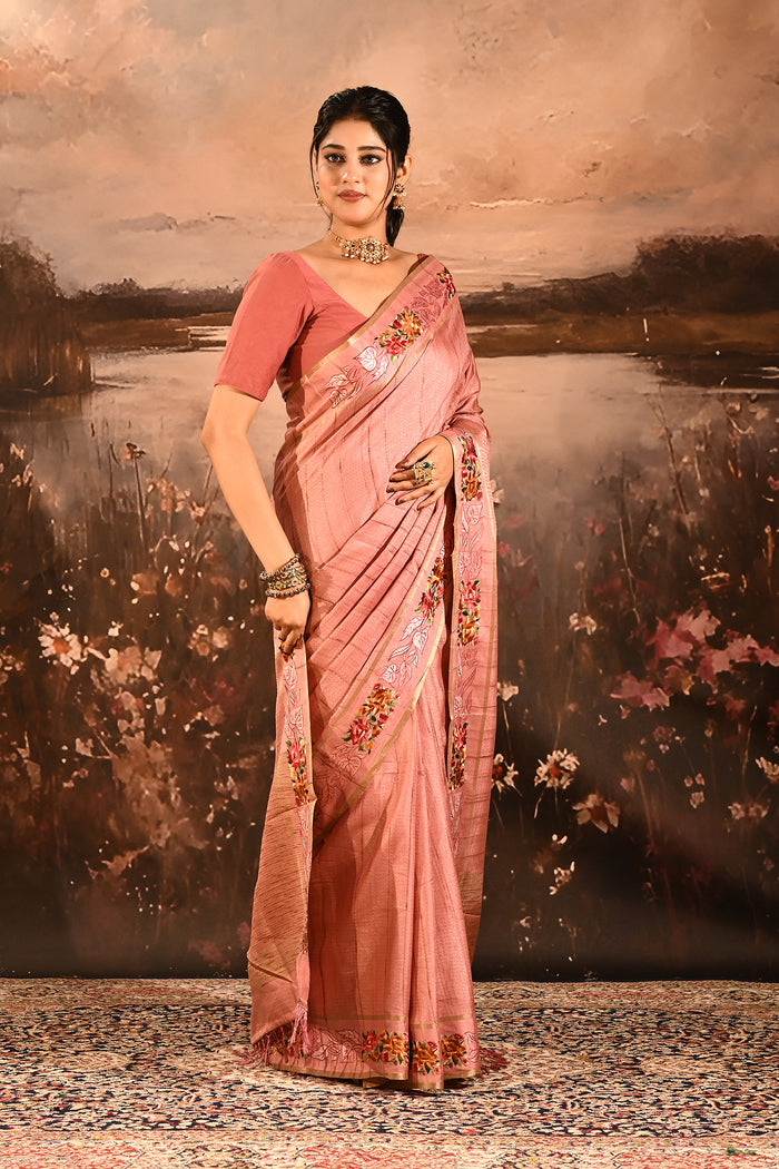 Dusty Rose Dotted Weave With Floral Leaf Border Designer Saree