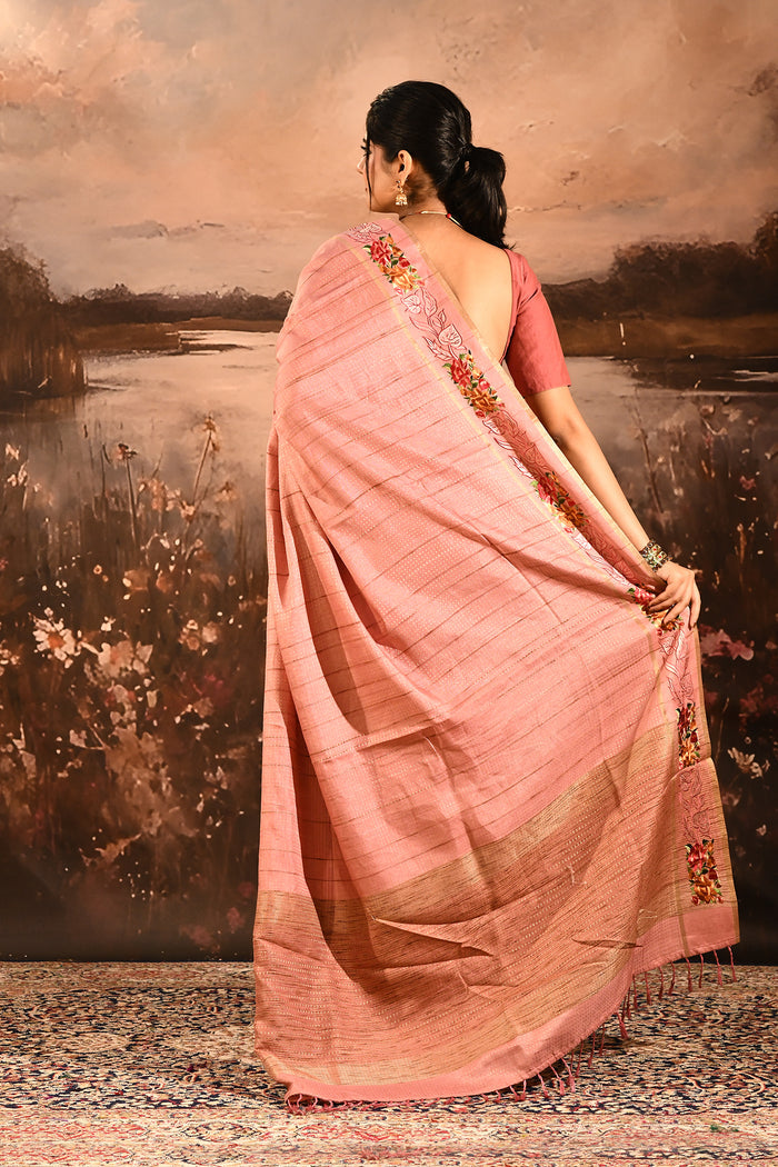 Dusty Rose Dotted Weave With Floral Leaf Border Designer Saree