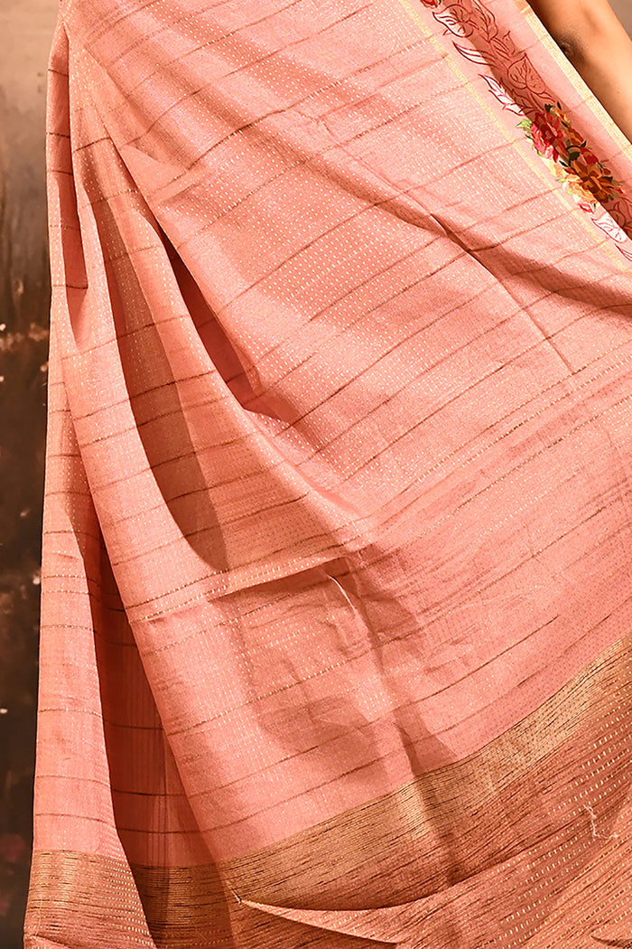 Dusty Rose Dotted Weave With Floral Leaf Border Designer Saree