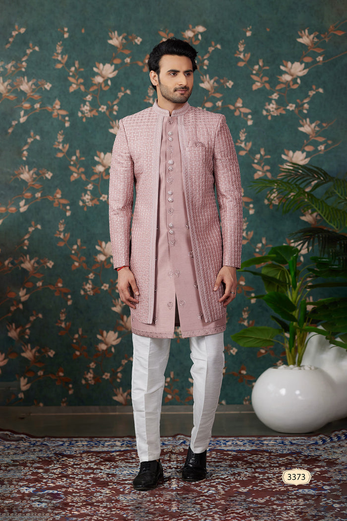 Dusty Rose Pink Art Silk Three Piece Sherwani Set