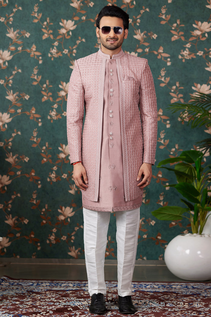 Dusty Rose Pink Art Silk Three Piece Sherwani Set