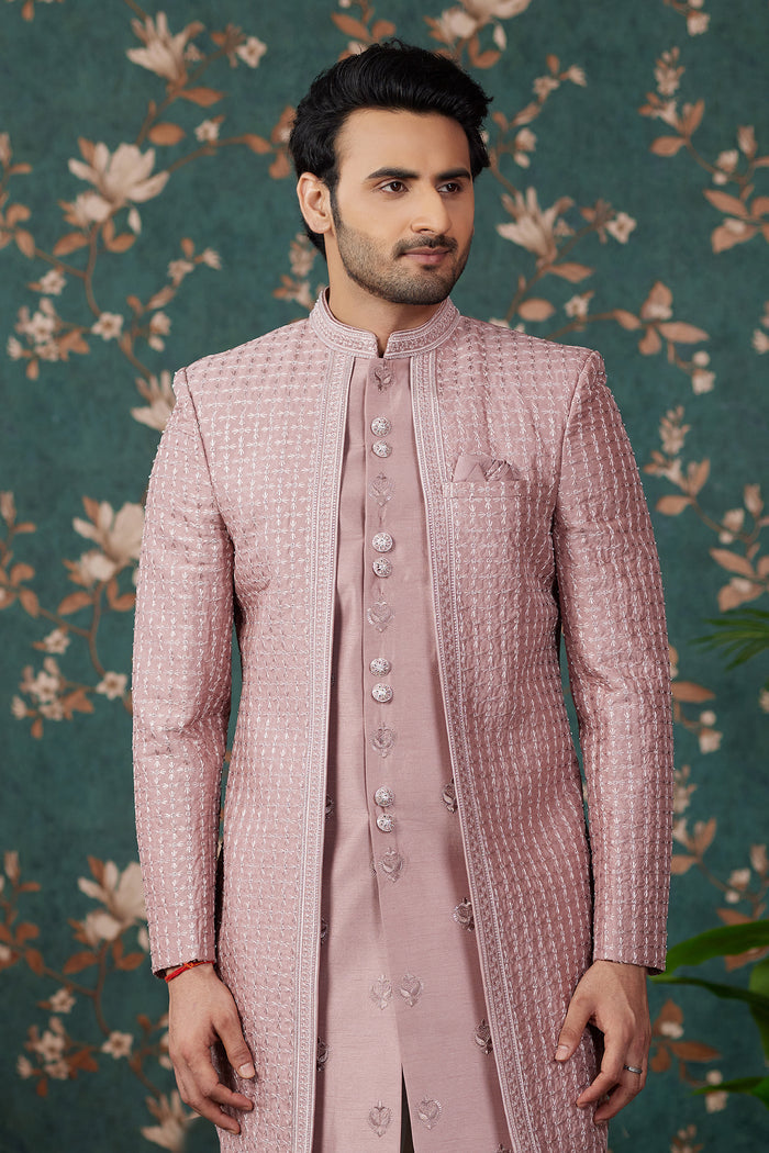 Dusty Rose Pink Art Silk Three Piece Sherwani Set