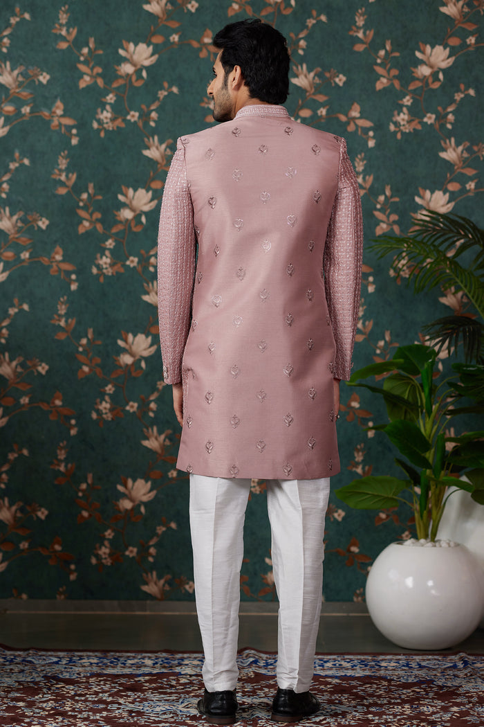 Dusty Rose Pink Art Silk Three Piece Sherwani Set