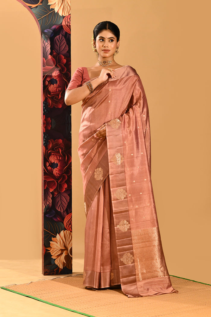 Dusty Rose With Gold Butti And Zari Border Banarasi Silk Saree