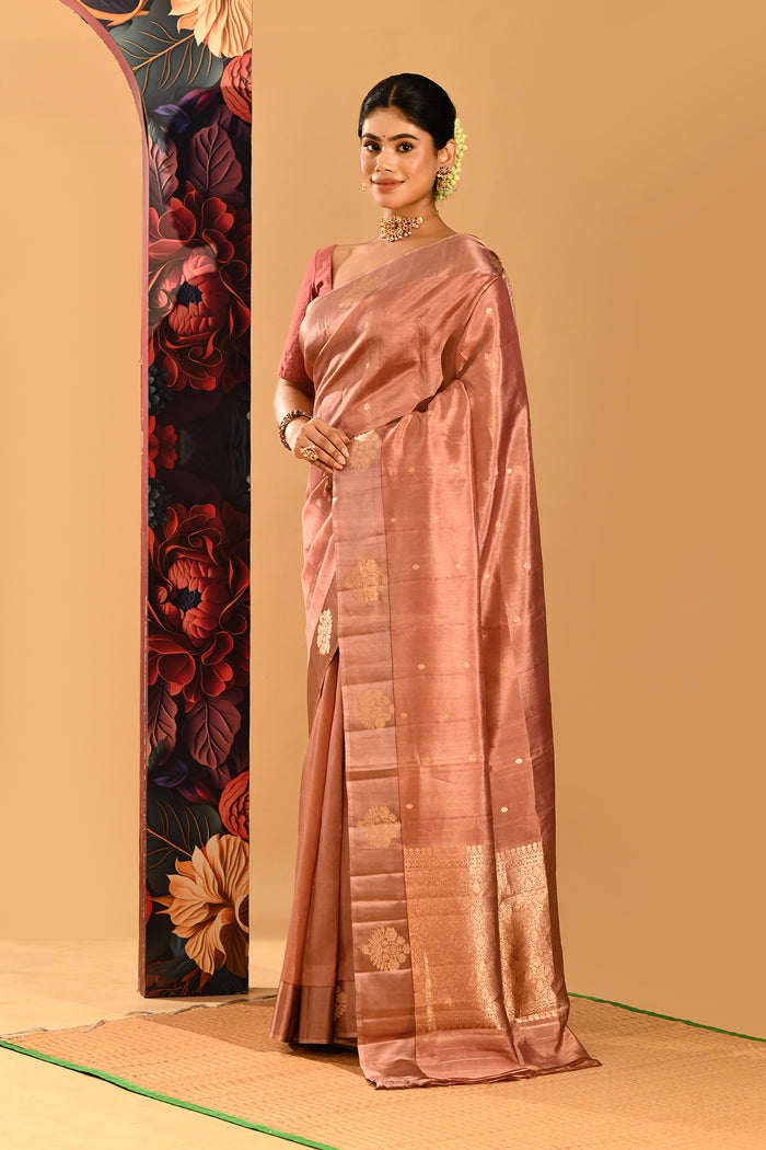 Dusty Rose With Gold Butti And Zari Border Banarasi Silk Saree