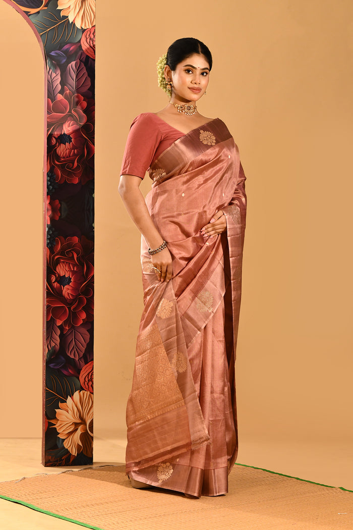 Dusty Rose With Gold Butti And Zari Border Banarasi Silk Saree