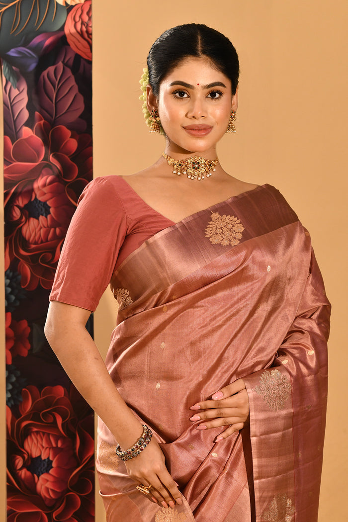Dusty Rose With Gold Butti And Zari Border Banarasi Silk Saree