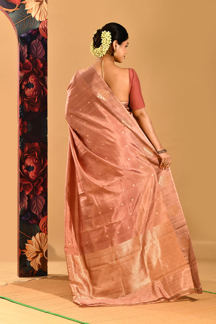 Dusty Rose With Gold Butti And Zari Border Banarasi Silk Saree