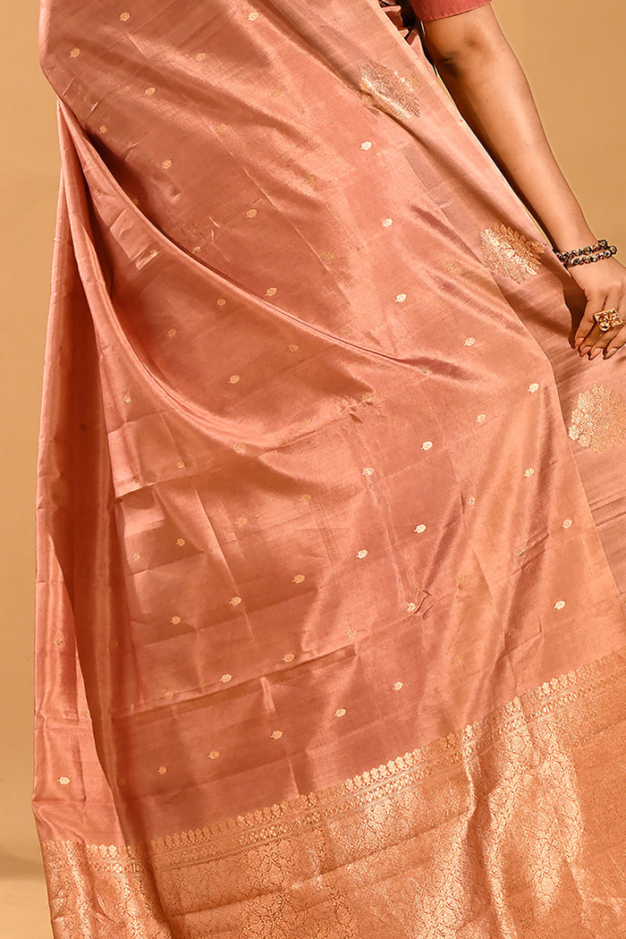 Dusty Rose With Gold Butti And Zari Border Banarasi Silk Saree