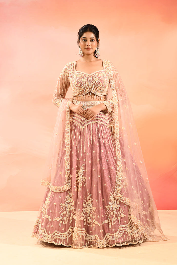 Dusty Rose Zardozi Embroidered Crop Top Lehenga