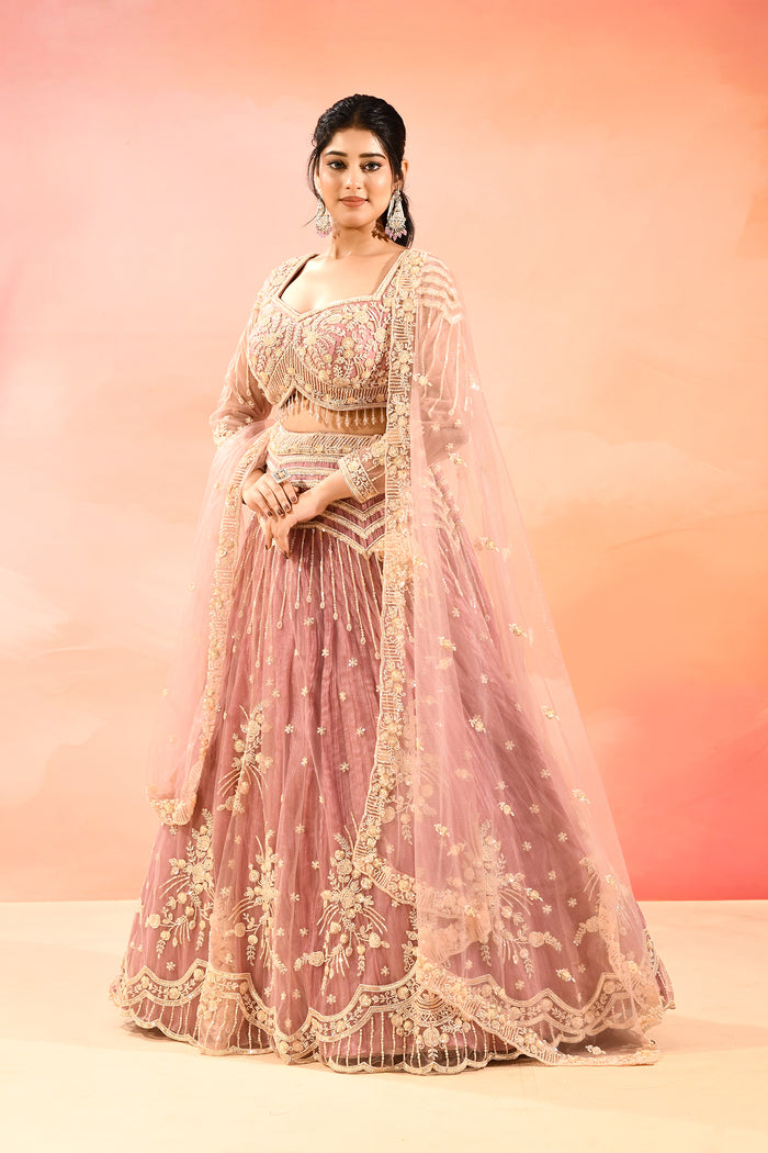Dusty Rose Zardozi Embroidered Crop Top Lehenga