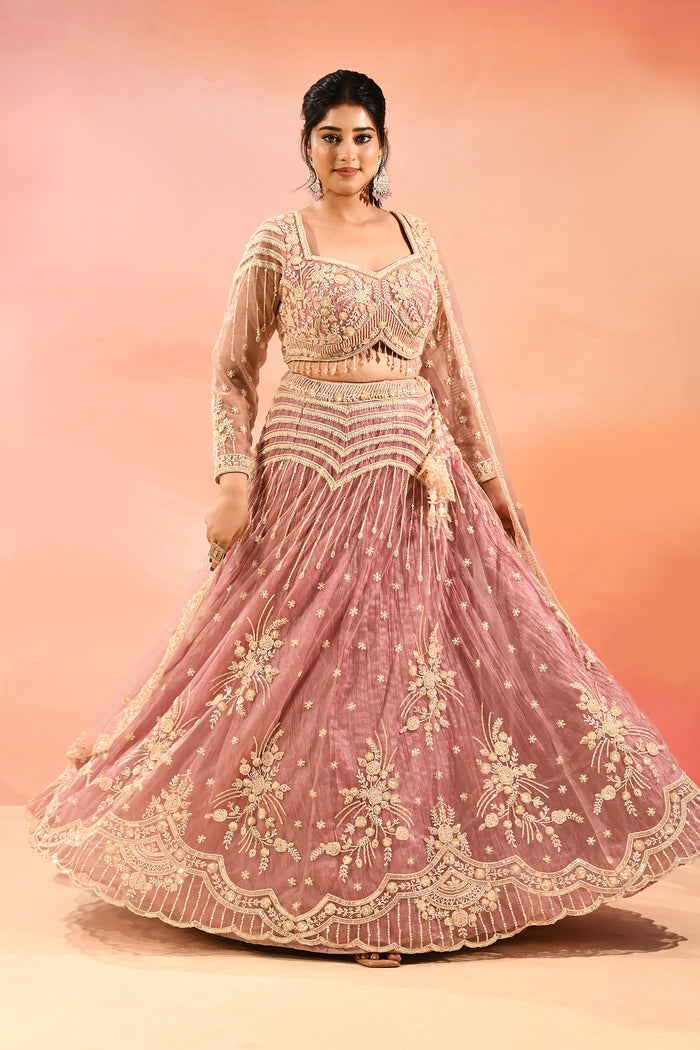 Dusty Rose Zardozi Embroidered Crop Top Lehenga