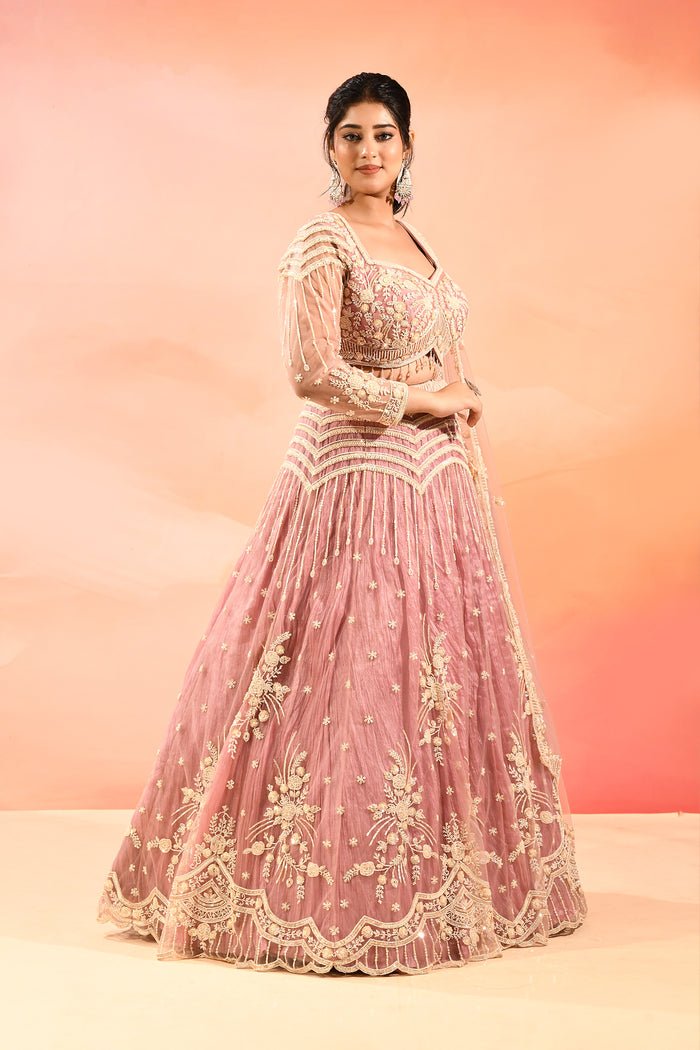 Dusty Rose Zardozi Embroidered Crop Top Lehenga