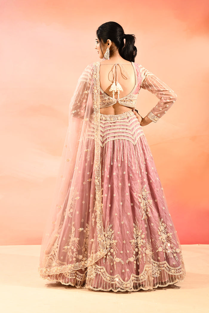 Dusty Rose Zardozi Embroidered Crop Top Lehenga