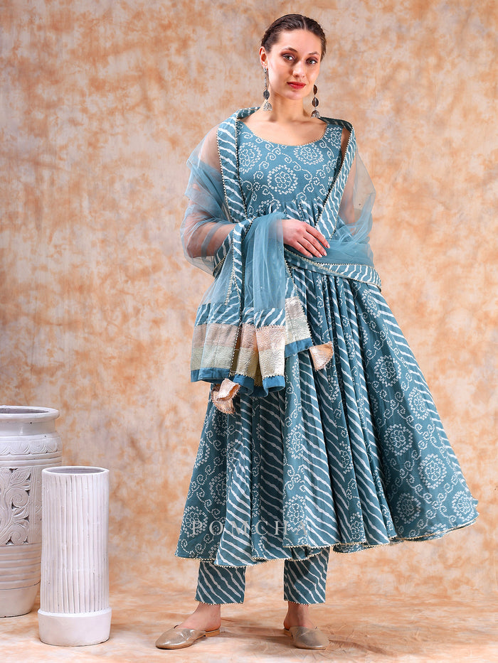 Dusty Teal Bandhani Anarkali Set