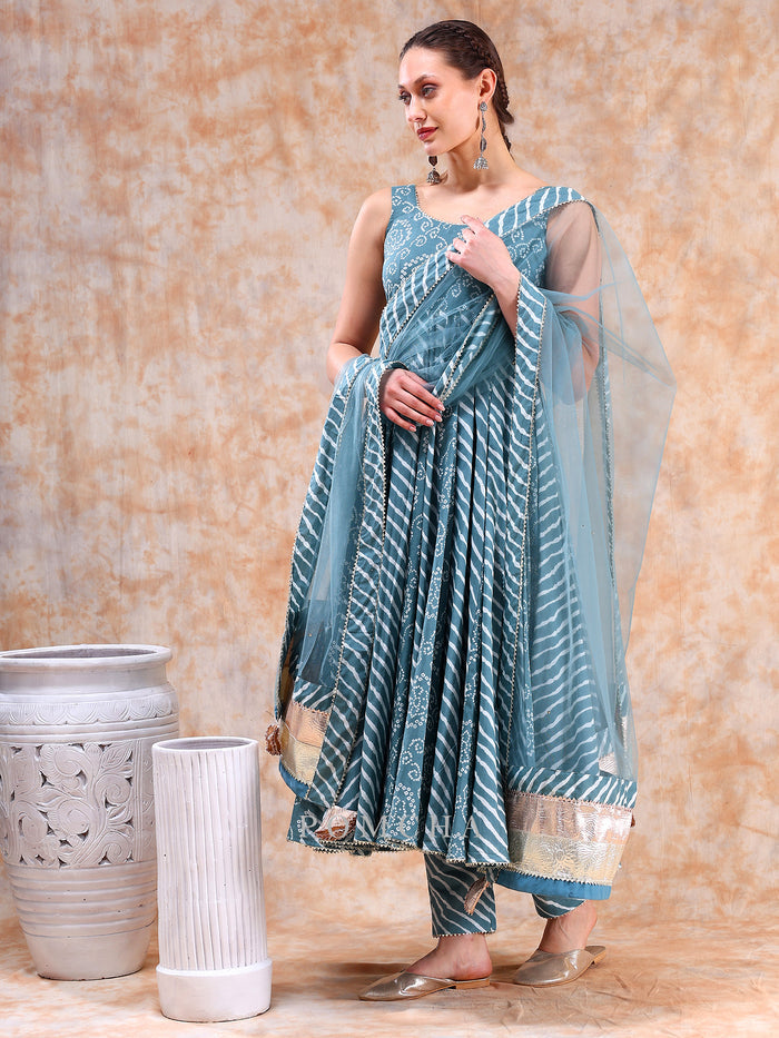 Dusty Teal Bandhani Anarkali Set