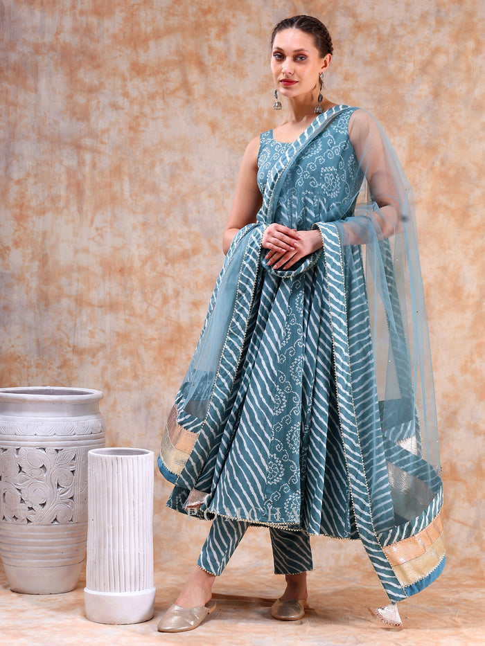 Dusty Teal Bandhani Anarkali Set