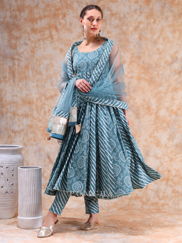Dusty Teal Bandhani Anarkali Set