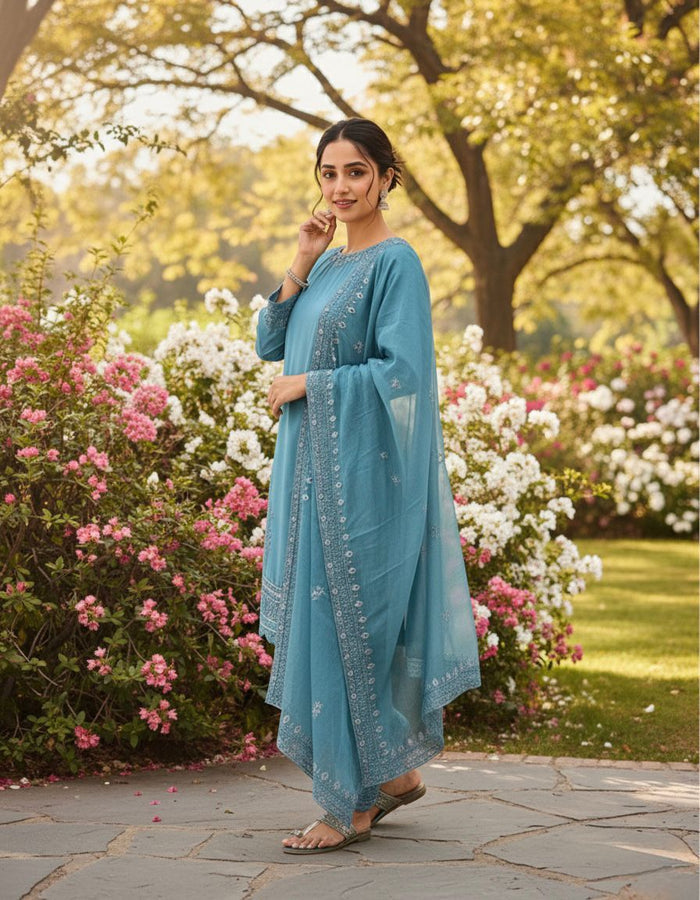 Dusty Teal Embroidered Salwar Set