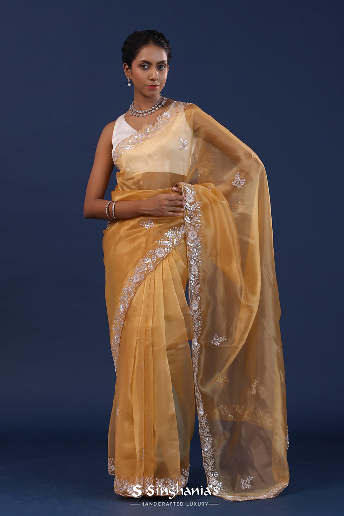 Dusty Yellow Organza Saree With Sequin Work