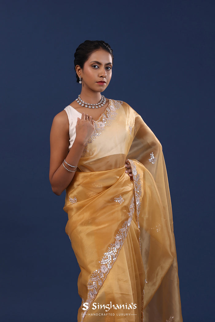 Dusty Yellow Organza Saree With Sequin Work