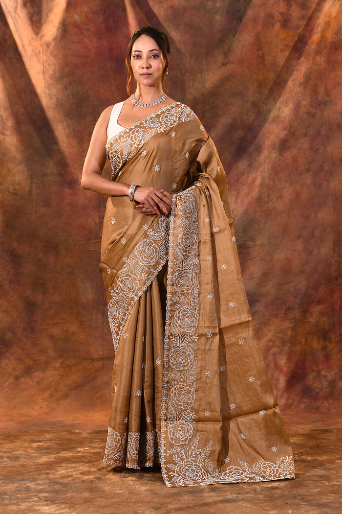 Earthy Brown Floral Embroidered Silk Blend Saree