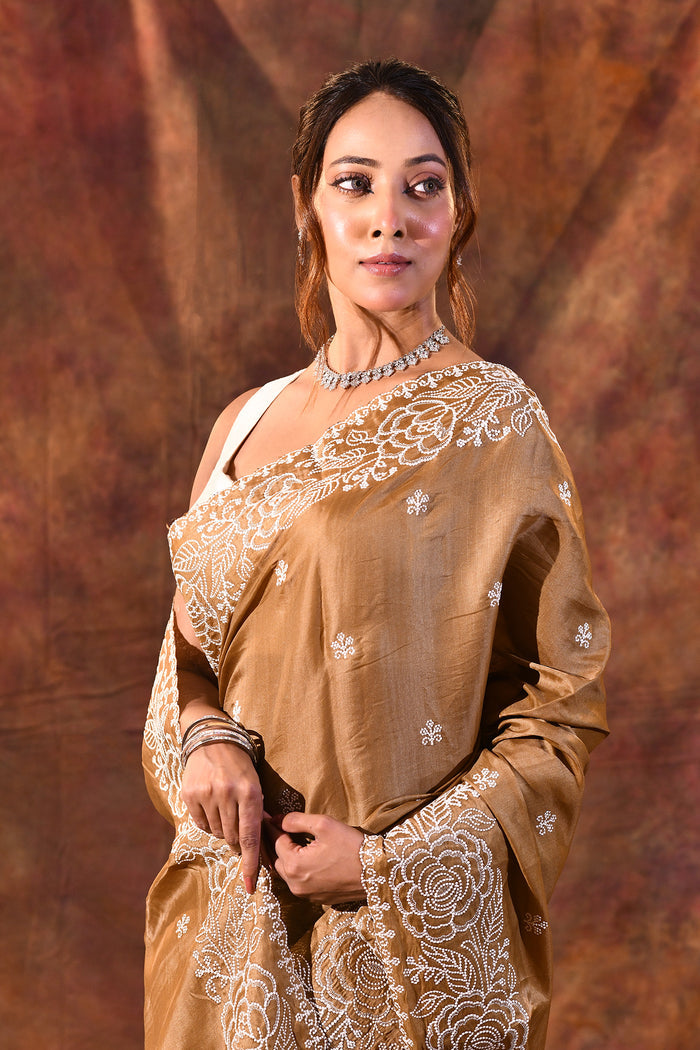 Earthy Brown Floral Embroidered Silk Blend Saree