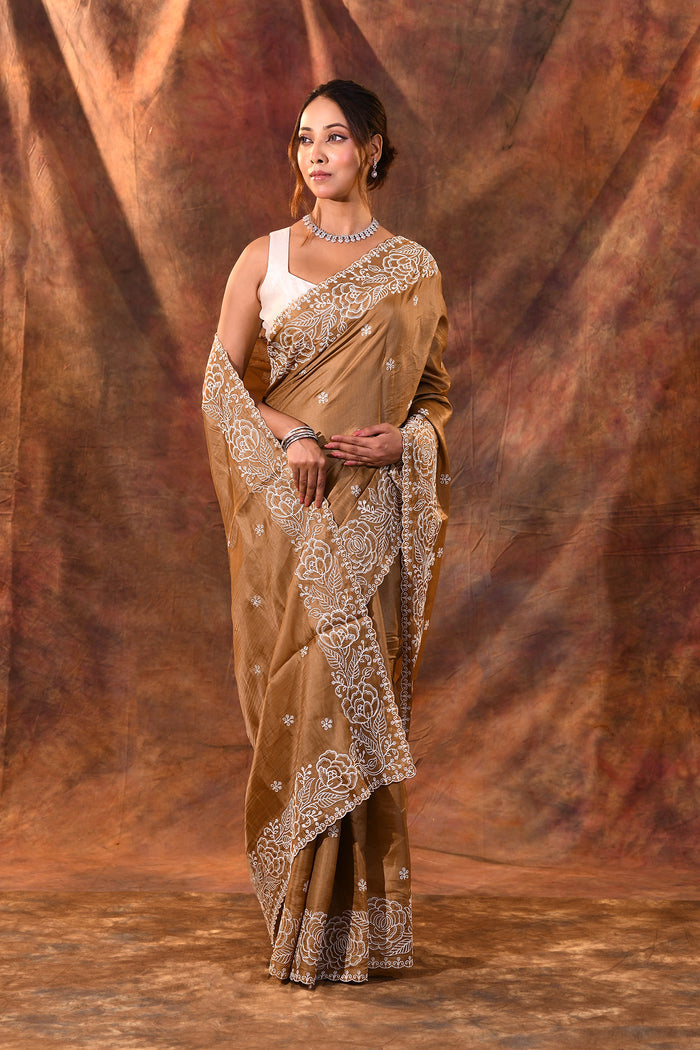 Earthy Brown Floral Embroidered Silk Blend Saree