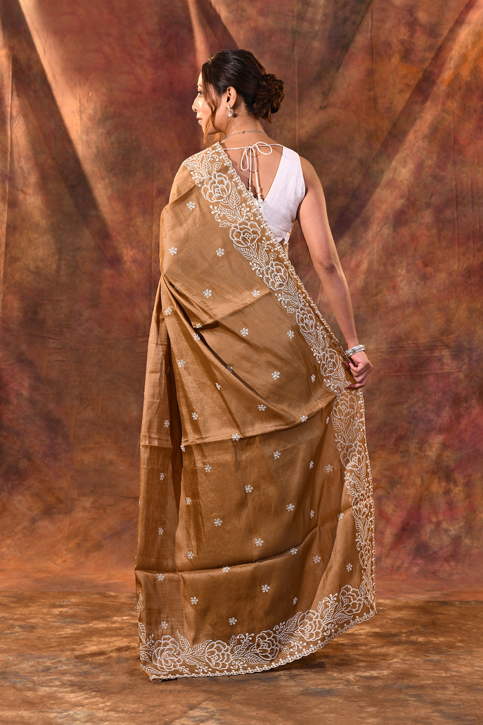 Earthy Brown Floral Embroidered Silk Blend Saree