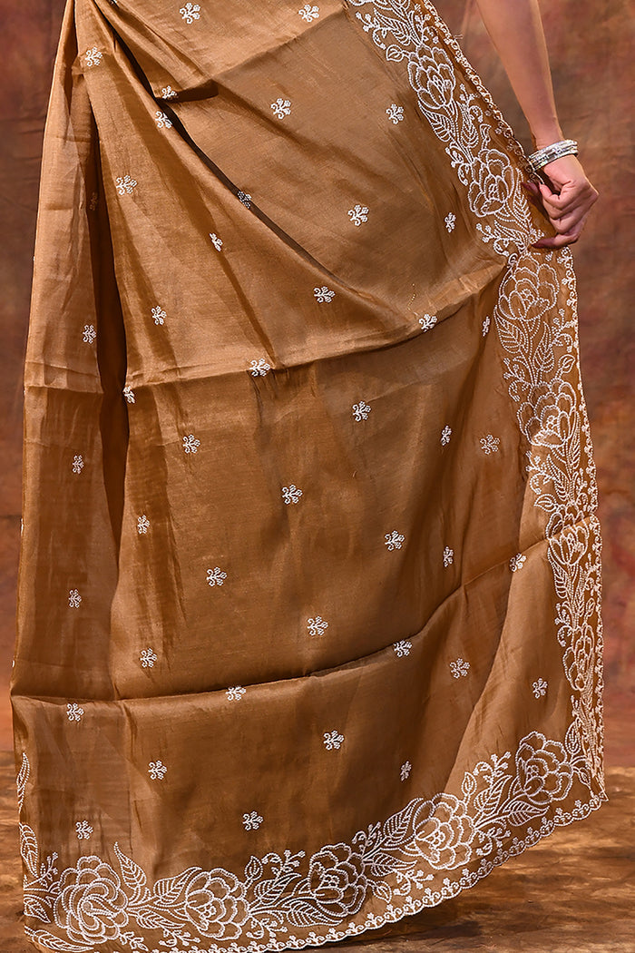 Earthy Brown Floral Embroidered Silk Blend Saree