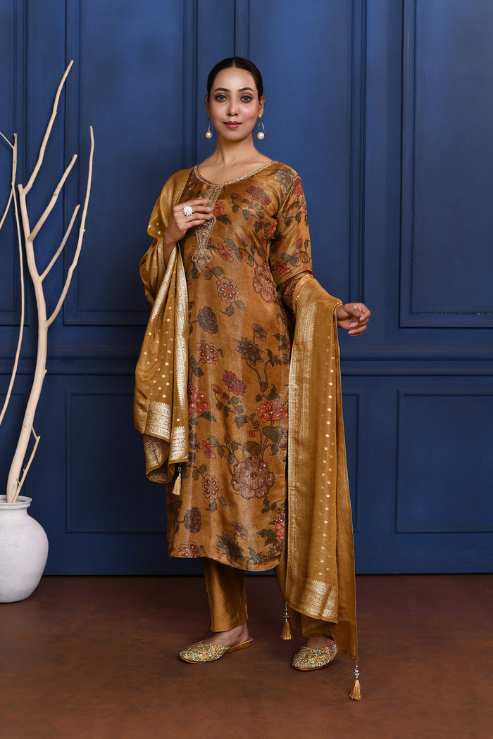Earthy Brown Floral Printed Tissue Kurta Set