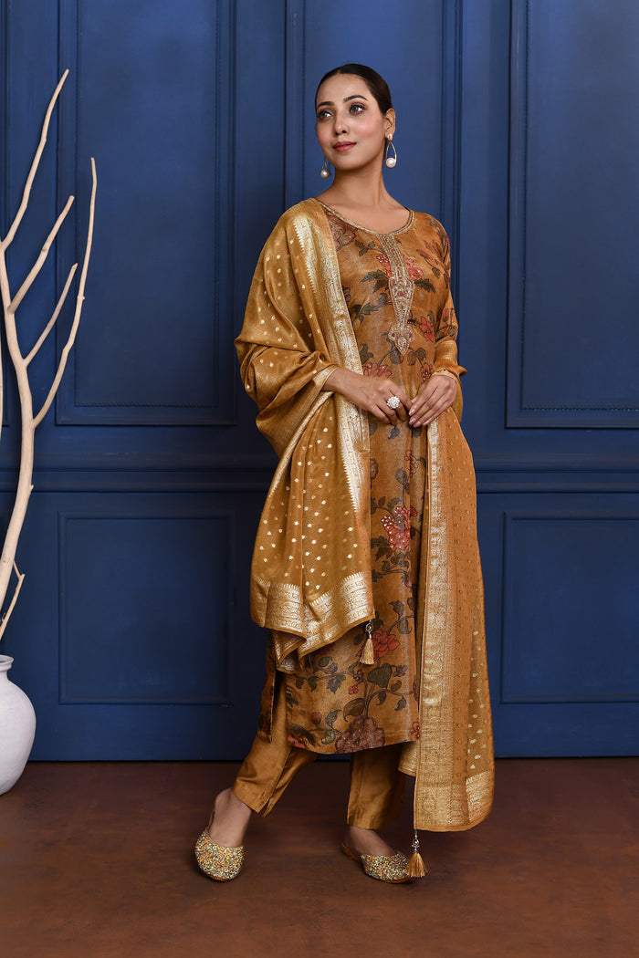 Earthy Brown Floral Printed Tissue Kurta Set