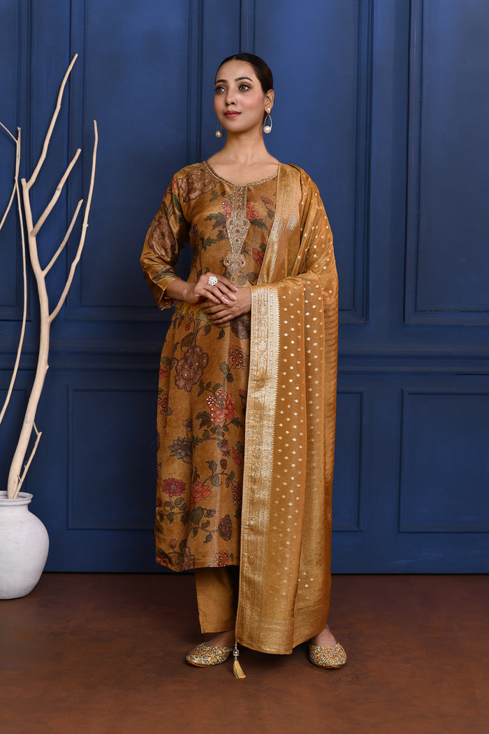 Earthy Brown Floral Printed Tissue Kurta Set