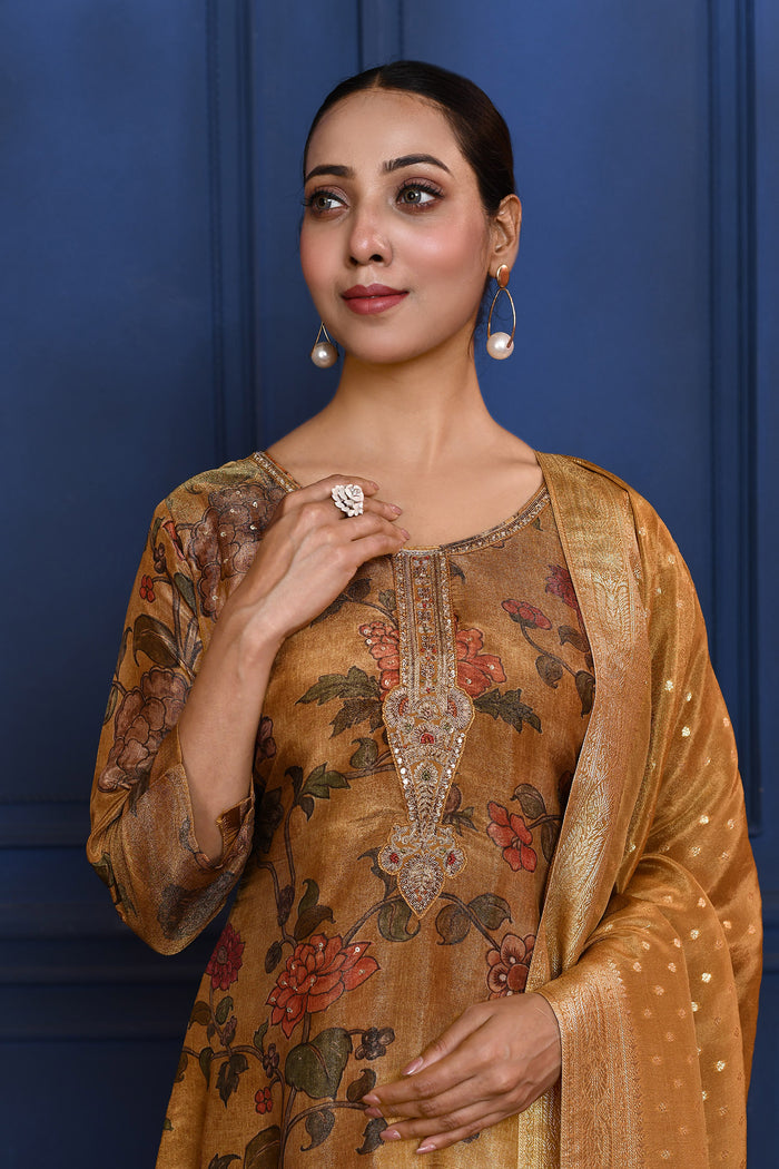 Earthy Brown Floral Printed Tissue Kurta Set