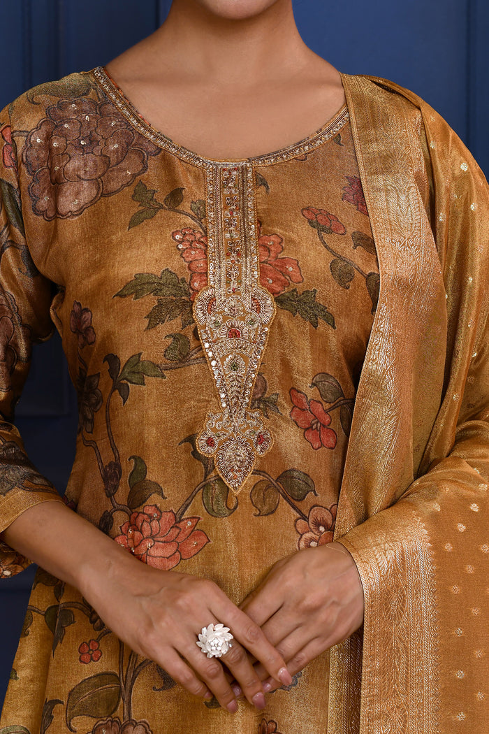 Earthy Brown Floral Printed Tissue Kurta Set