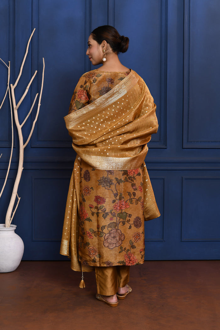 Earthy Brown Floral Printed Tissue Kurta Set