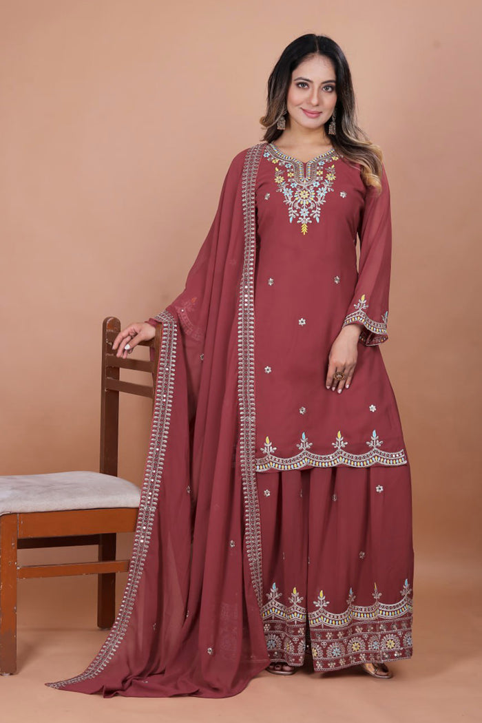 Earthy Brown Georgette Embroidered Sharara Set