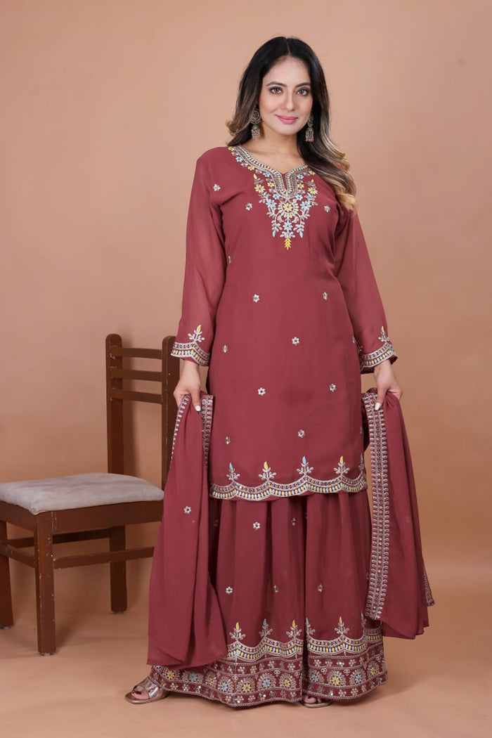 Earthy Brown Georgette Embroidered Sharara Set
