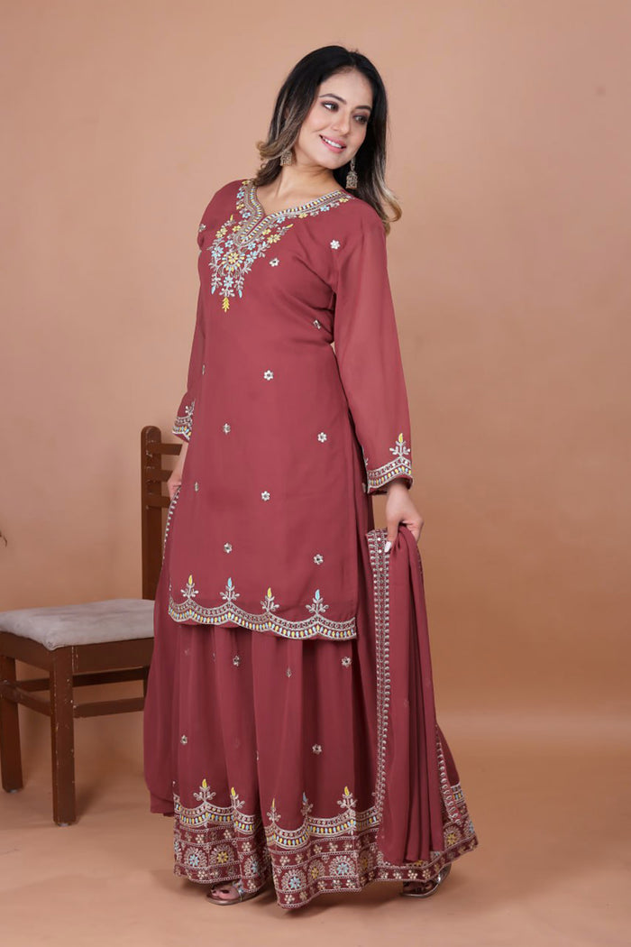 Earthy Brown Georgette Embroidered Sharara Set