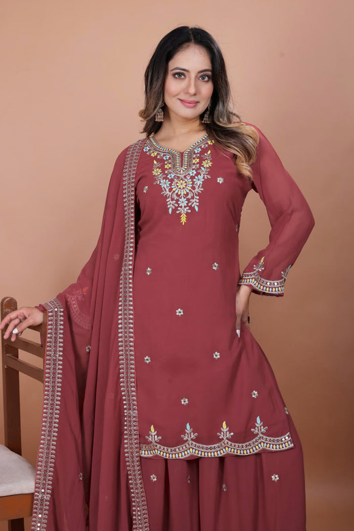 Earthy Brown Georgette Embroidered Sharara Set