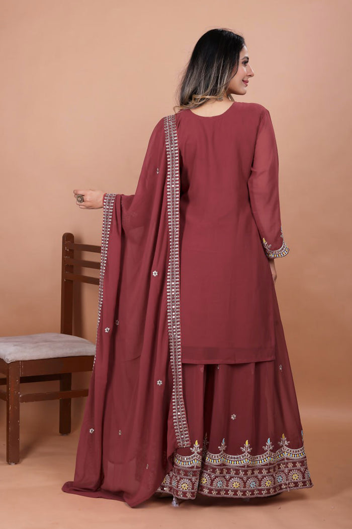 Earthy Brown Georgette Embroidered Sharara Set