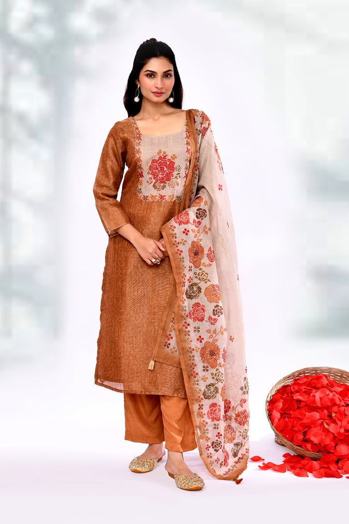 Earthy Brown Kota Floral Printed Kurta Set