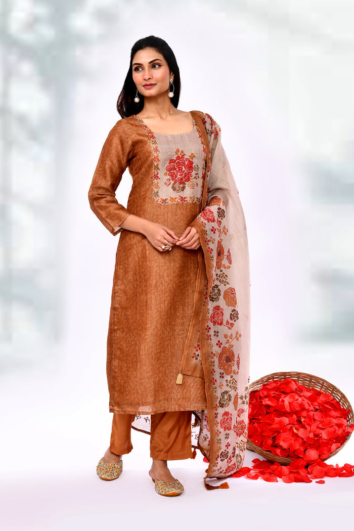 Earthy Brown Kota Floral Printed Kurta Set