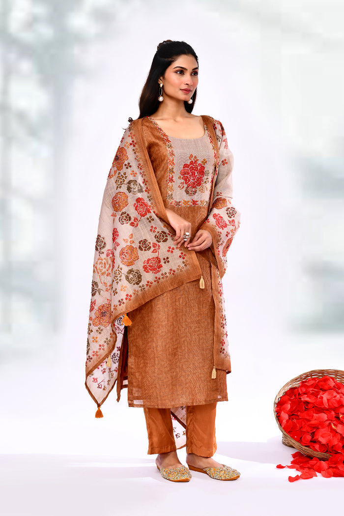 Earthy Brown Kota Floral Printed Kurta Set
