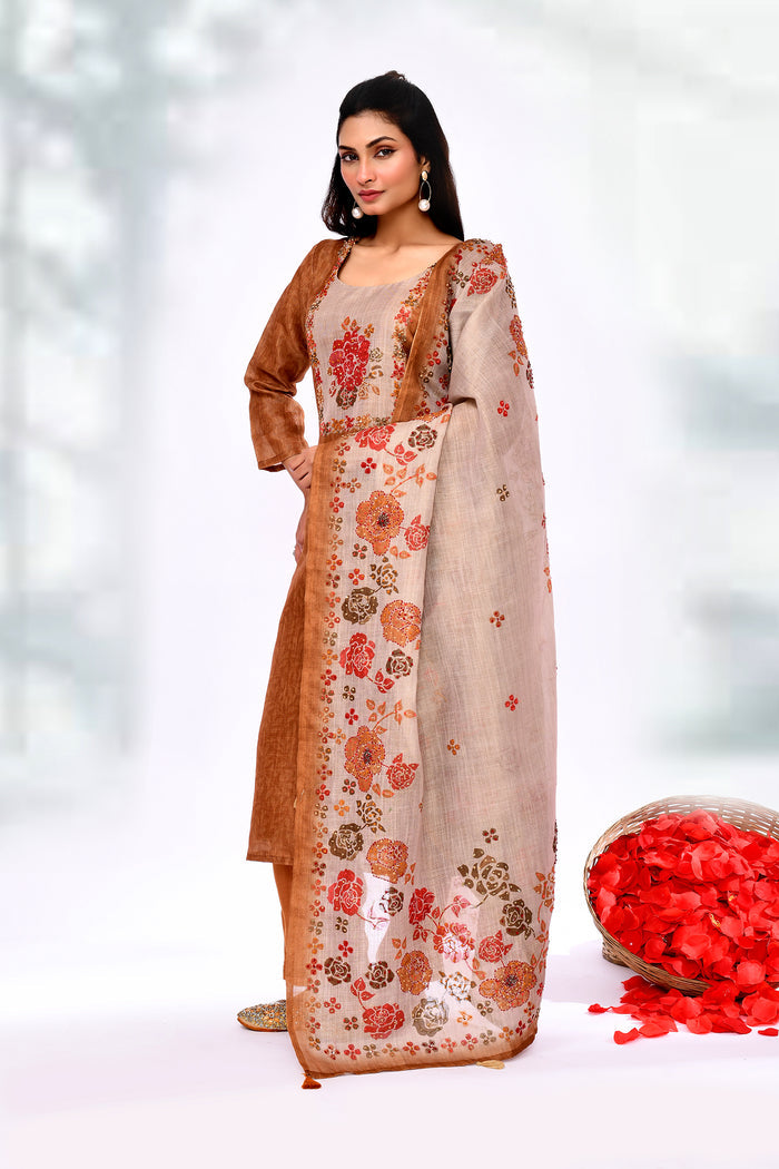 Earthy Brown Kota Floral Printed Kurta Set