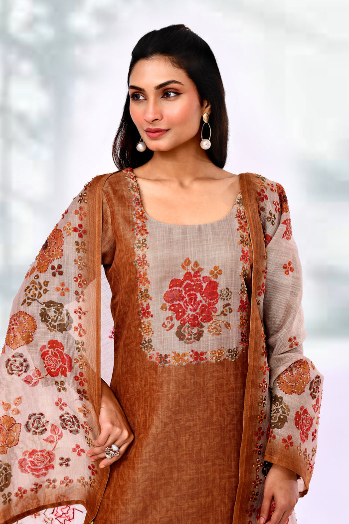 Earthy Brown Kota Floral Printed Kurta Set